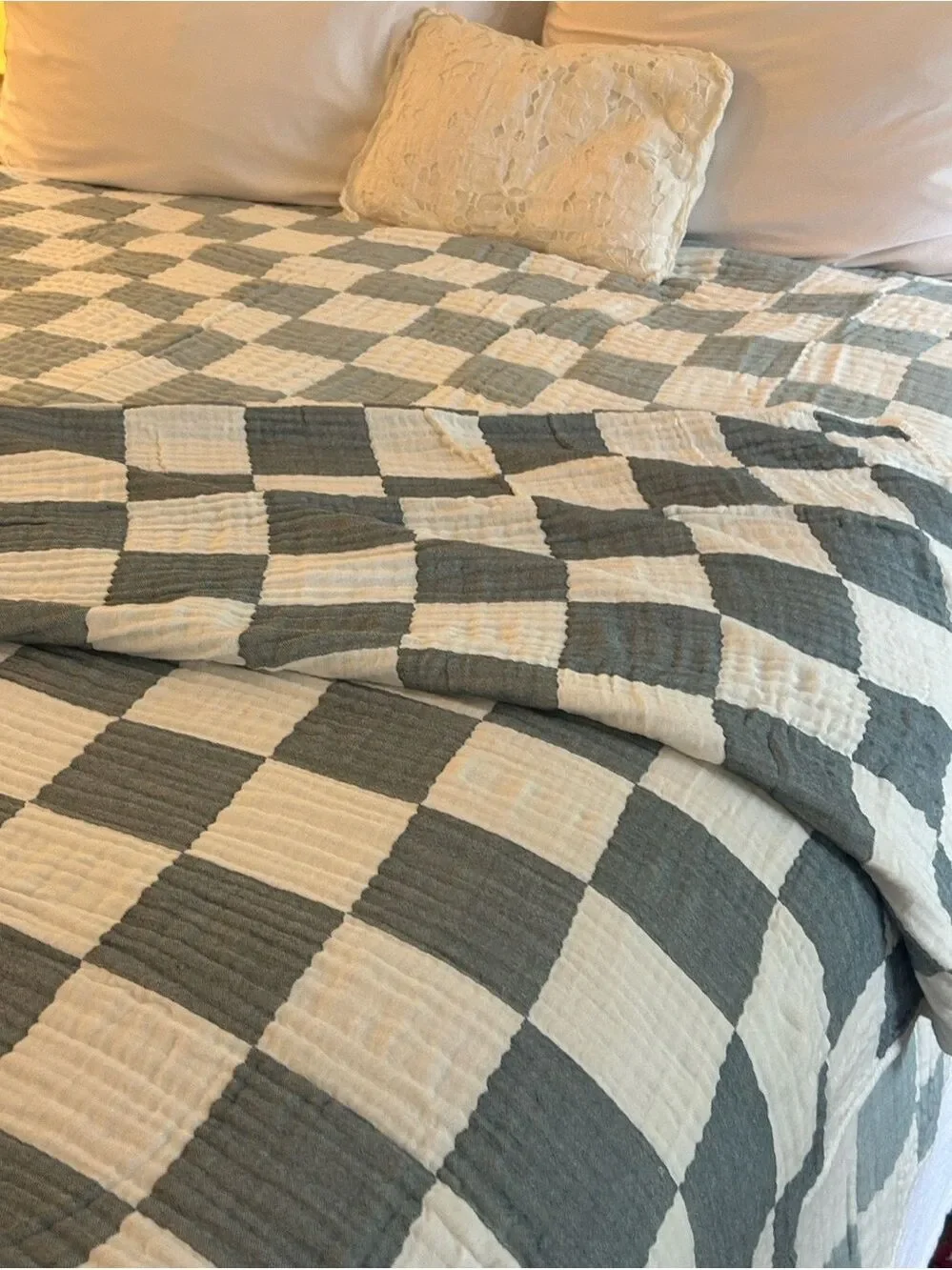 Dark Teal Gray Check Throw Blanket Cotton Bamboo Blend Patchwork Quilt Style NEW